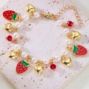 Sweet Cute Red Strawberry Cherry Heart Pearl Charm Bracelet Fruit Gold Color